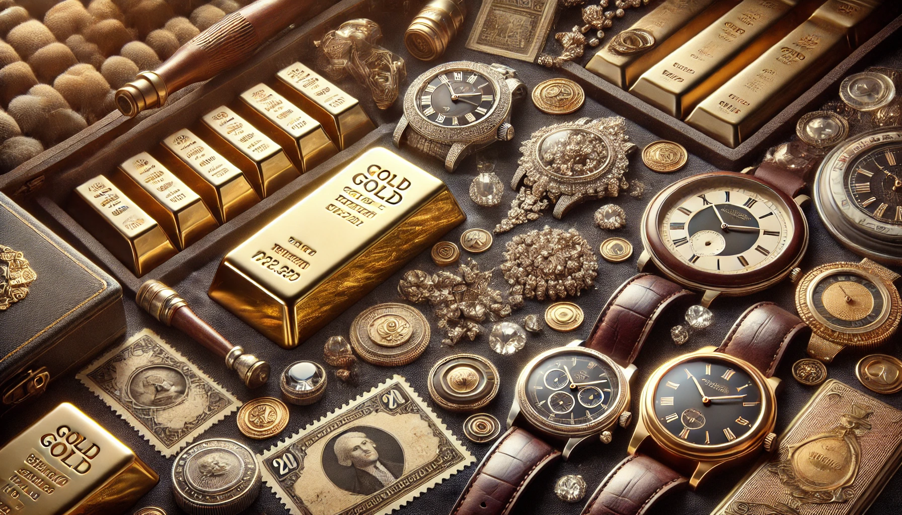 Gold bars, watches, money, and jewelry