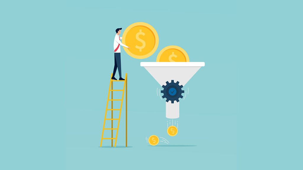 Money funnel, man on ladder, coins
